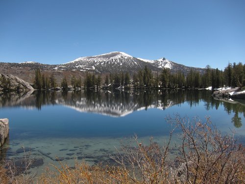 Day 2 and 3 Lake. Campsite on ridge across Lake. San Joaquin Mountain, Two Teats on skyline