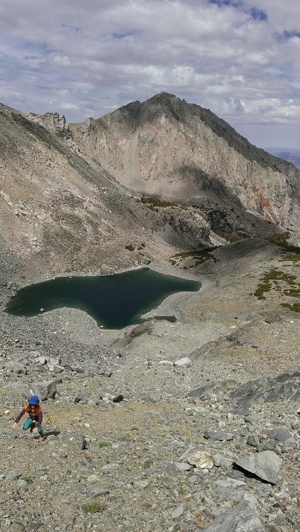 Start up this slope, but stay right if planning to traverse to Gould Pass or to summit Gould.