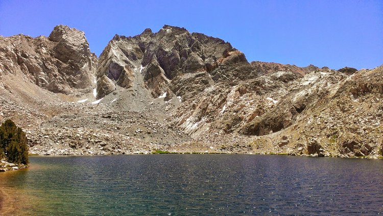 Dragon Peak &amp; Lake as seen looking ESE from the west end of the lake.  The way I came down from Gould Pass across the inlet is just beyond the far east end of the lake and to the right/south (seen on the right side of the image).