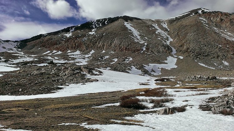 The west ridge/county line route up Cardinal Mountain that I ascended can be gained on the left of the photo.  The sloggy south chute I descended is on the right.