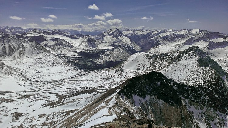 Looking down the west ridge emphasizing its south side (Taboose Pass side) and Arrow Peak to the southwest.