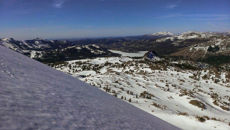 Caples Lake (top center of image) would be completely iced over and snow covered most years, but I could see some water and dry terrain.  Microspikes and trekking poles were helpful on the steep slope I opted to climb.  Sometimes crampons and axe are needed here.