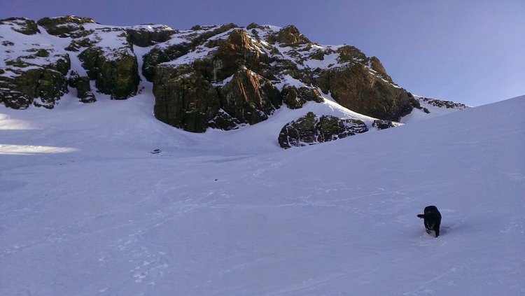 Looking up at an alpine snow climb route before continuing back to Carson Pass.  One could ski all the way down this slope and then down a long bowl before reaching some flats in the forest near Carson Pass.  Jealous of the tracks, I did a bit of glissading.