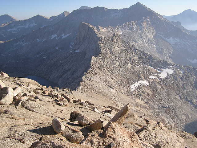 The view from the bottom of the south ridge looking down toward Monarch Lakes descent.