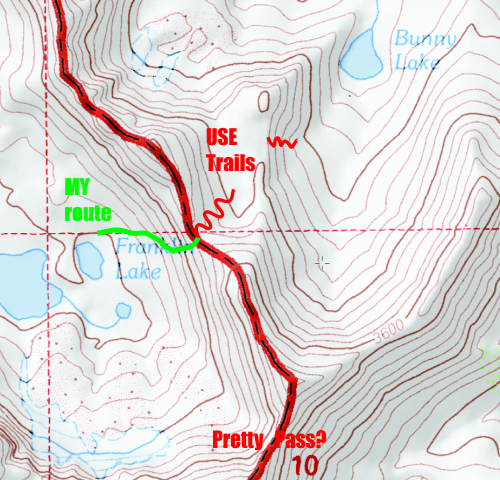 The reason I give &quot;Pretty Pass?&quot; a question mark is that it looked bad from a distance and I have doubts that it is really the x-country pass known as Pretty Pass, which drops down onto Lake Dorothy. Some day I will at least do a day hike up it to check it out.<br /><br /><br />Anyway, I used the route noted and found immediately over down the NE sides of the route to Bunny Lake, some very nicely made &quot;use trails&quot;. These two sections were actually &quot;built&quot; by somebody and done well, as far as they go. They are not simply an accumulation of uses. The sections were laid out nicely and involve a little rock work. I saw no use trails at all next to &quot;My route&quot;, however. The long steep talus to the south of my route is the obvious route but it is very loose and tedious to use. However, it is THE downhill option since it is fast and easy to slip and slide down if one stays away from the larger shale talus and uses the finer granitic talus just north closer to my route.