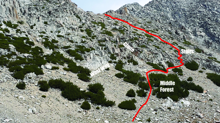 I spent well over an hour scoping out routes using binoculars and finally decided the cleanest route skirted a small cliff/wall and avoided a chute (tried on day hike and found it a little too technical for backpacking) and only required some easy Class 3 to gain about 20 feet elevation. Above that the going is still a little tedious for a while but back to just careful walking.
