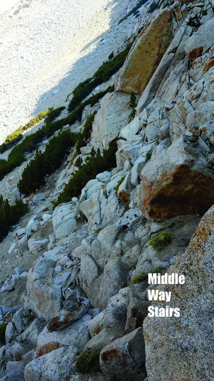 I laid out a series of cairns and cleaned foot and hand holds and made a little tread to show the way up a very nice set of steps or stairs with excellent foot and handholds.