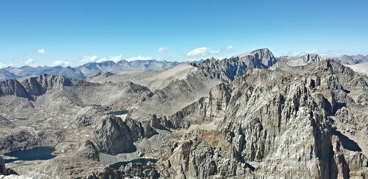 LeConte, Whitney, the Kaweahs, and Sky Blue Lake from Mount Langley.