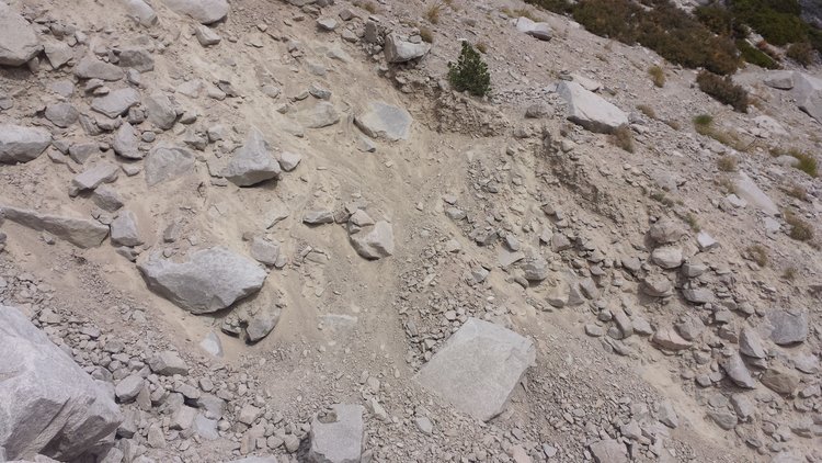 This is the sandy slope you'll come DOWN if you're coming UP Shepherd Pass. It's a diagonal slope near the center of the picture.