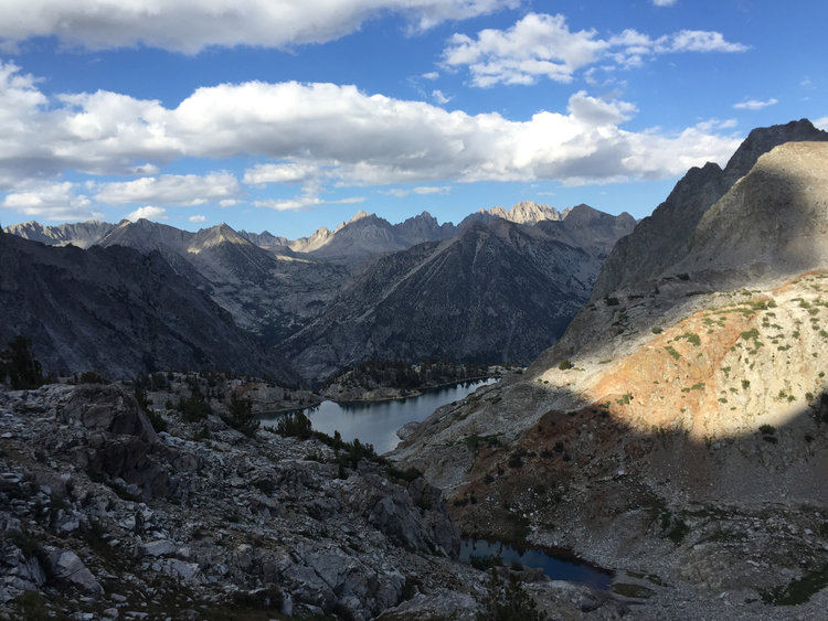 Evening Light on Ladder Lake with a glorious view across LeConte Canyon to the Palisades.