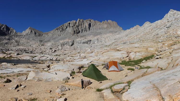 This was a really nice camp albeit there was no shade... A common theme among almost every campsite on this section. Treeless and barren the Palisades section was definitely living up to the reputation we thought it would have. Palisade Crest looms in the back. <br />@ Rogue Photonic