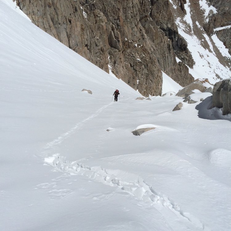 rounding the corner into the top portion of the couloir into the chute proper