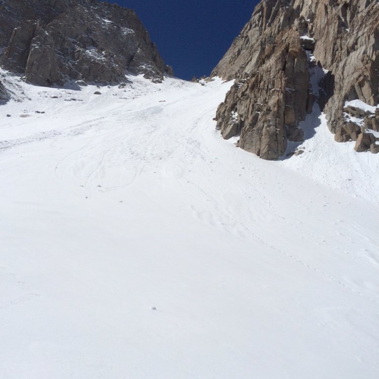 looking up the couloir - you can see the avalanche debris