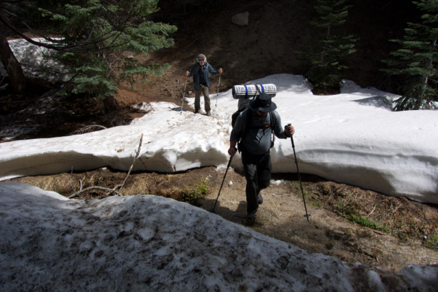 We encountered sporadic snow drifts, like these, on our way to Panther Gap.
