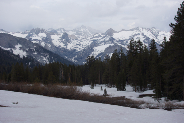 By the time we arrived at Alta Meadow, shown here, a storm had erupted over the Sierra. We quickly setup our tents and then enjoyed (endured?) three hours of freezing rain and thunder.