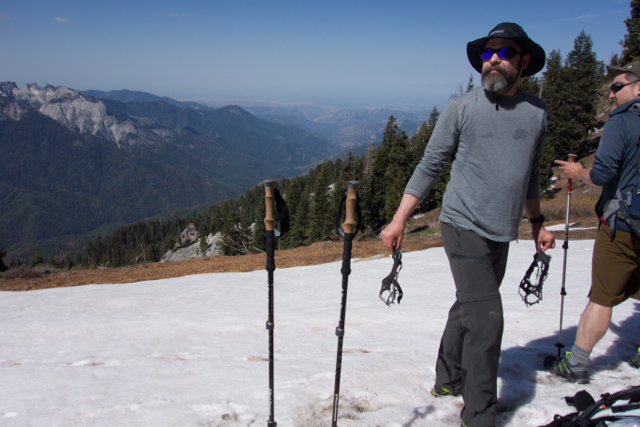 HST member Pelican shakes off his Hillsound Trail Crampons as we descend to Panther Gap.