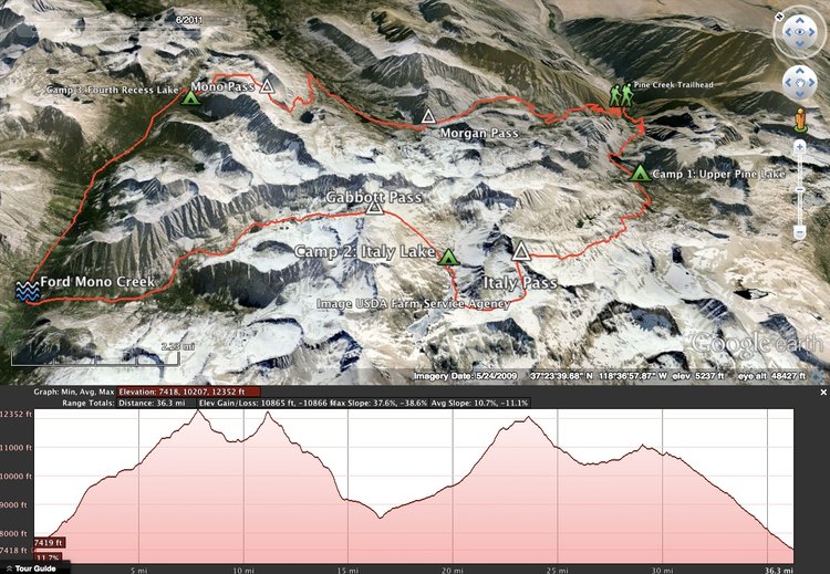 A screenshot from Google Earth showing my route along the Great Mono Loop. The circuit starts and ends at Pine Creek Trailhead.