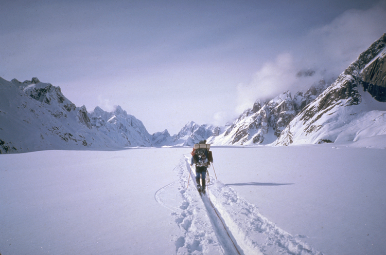 Skiing up the Buckskin Glacier towards the Mooses Tooth, Alaska Range