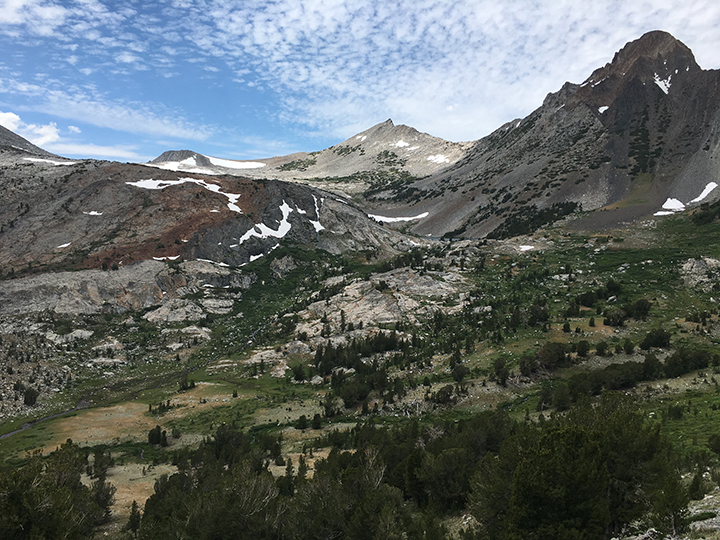 Looking across Virginia Canyon, a sliver of Return Lake visible just right of center, Virginia Peak to the right