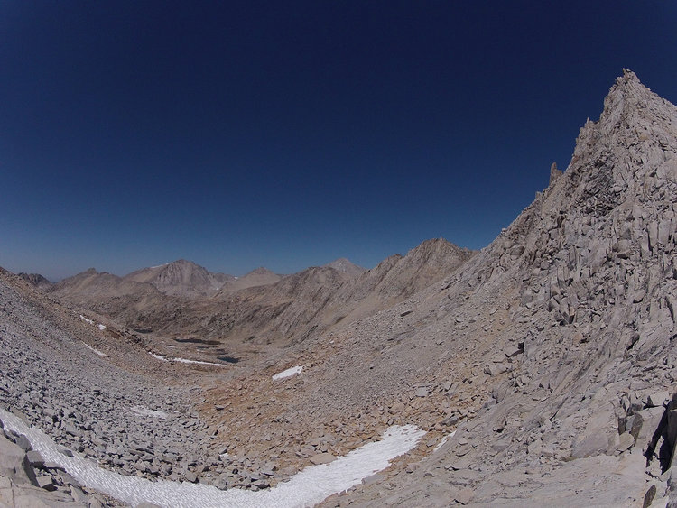 Feather Pass. Feather Peak standing guard.<br />Bear Lakes far below.
