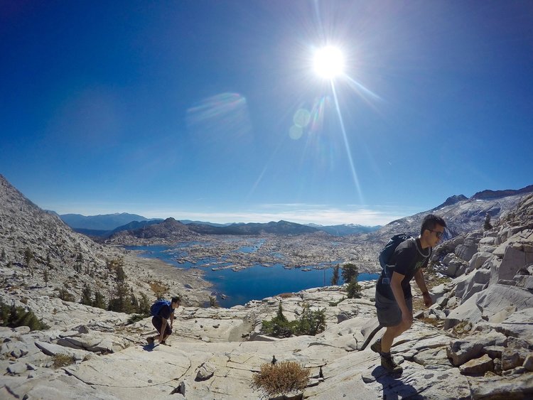 Leaving Lake Aloha below us as we head up the ridge from Mosquito Pass