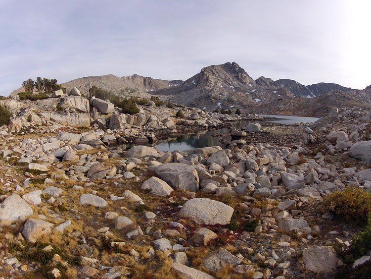Small tarn next to Muriel Lake-our home for the next two nights. Muriel Peak stands guard