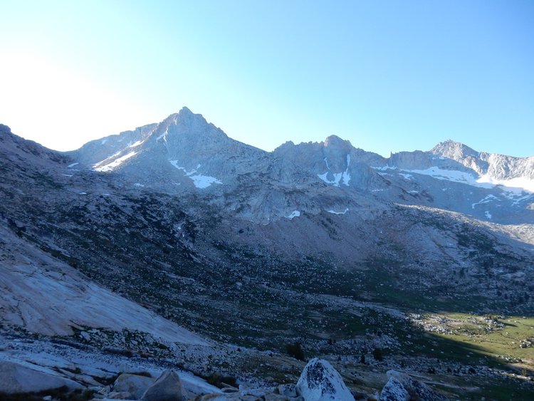 Matterhorn Col (far left) &amp; Whorl Mountain from Burro Pass -- note steep ramps in foreground