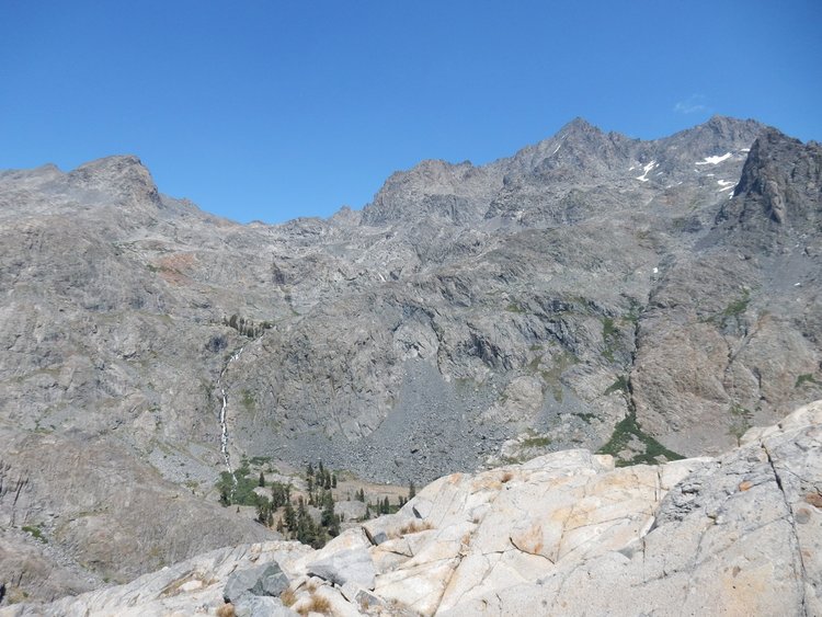 combined Lake Catherine &amp; Ritter Lakes outlet stream – goal is group of trees left of center