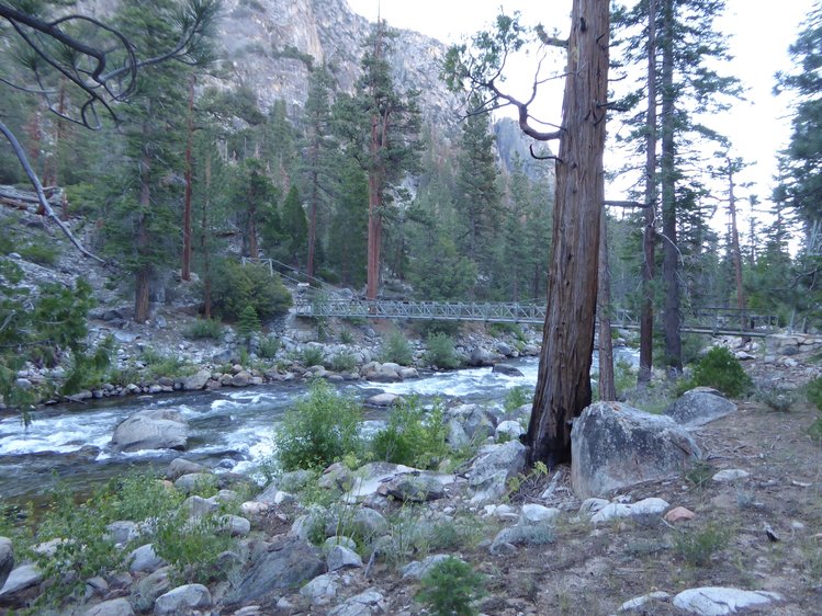 Steel suspension bridge across Kern River near the Kern Ranger Station