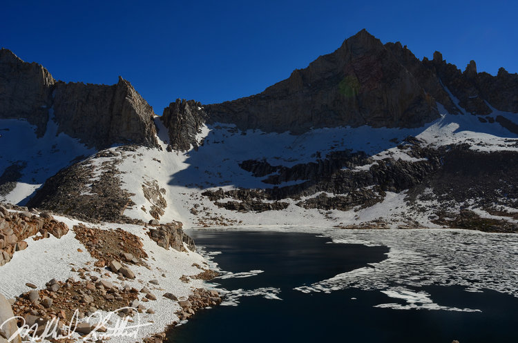 Top of the pass looking at Feather Lake across a mostly frozen Royce Lake. That's Feather Col... yep we said to hell with climbing that.