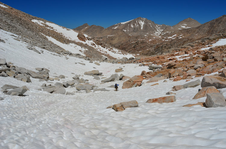 The North side of Feather Pass definitely had a good snow field at the bottom. Hilgard and Gabb loom in the background.
