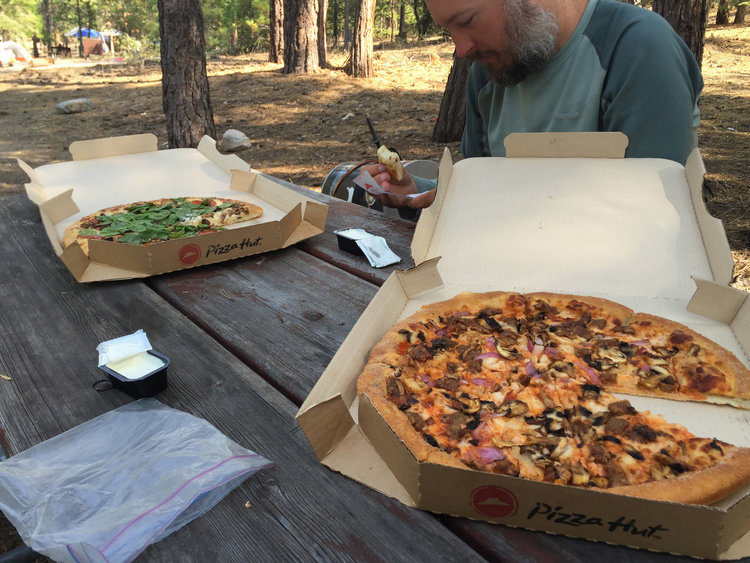Glorious delicious pizza. We had been thinking about it since LeConte Canyon. Delivered specially by our next hiking partner Dan. Thanks Dan... IT was epic.