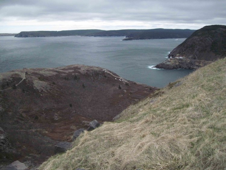 The Atlantic coast viewed from the near the top of Signal Hill above St John's. A nice iceberg is see in upper right.  The mouth of the harbor narrows is below the white buildings on the upper right.