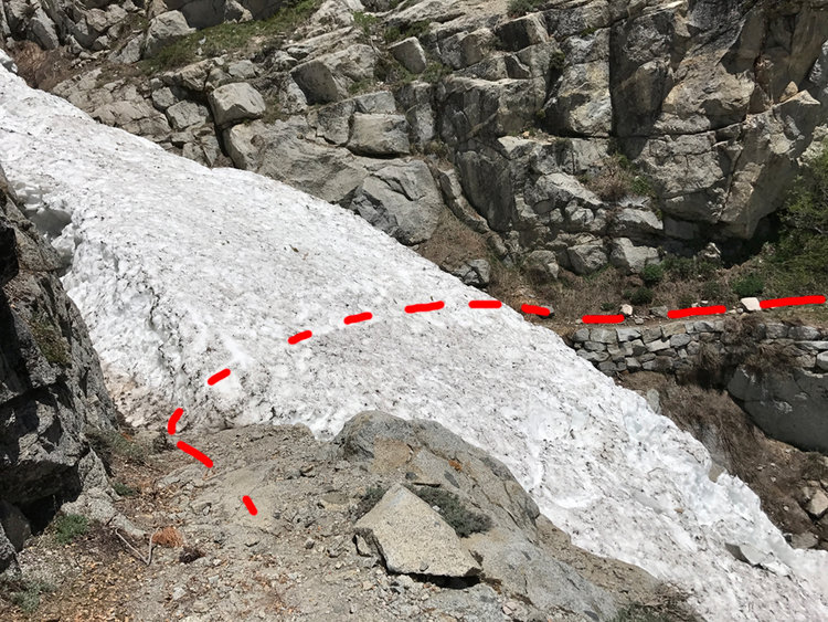 The snow bridge just before Hamilton Creek -- red highlight shows the route across some people took. NOT RECOMMENDED!!