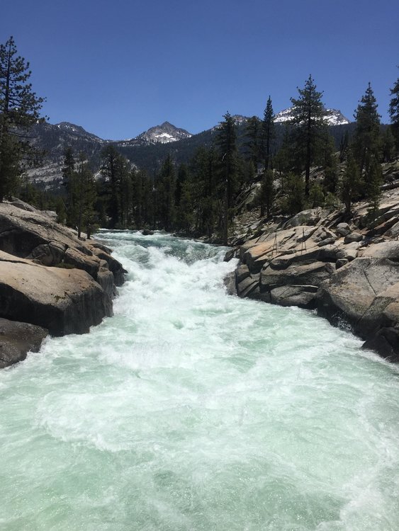 The San Joaquin looking up from the bridge at Florence Lake. No one was swimming. Plenty of people sitting around baking on the granite nearby tho, a group was having a party just outside the wilderness boundary.