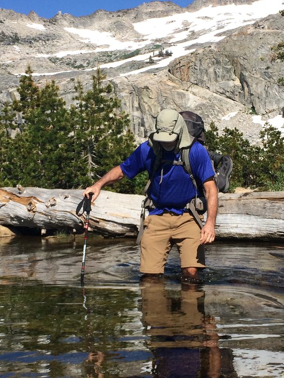 Wet wade across Twin Lake outlet.