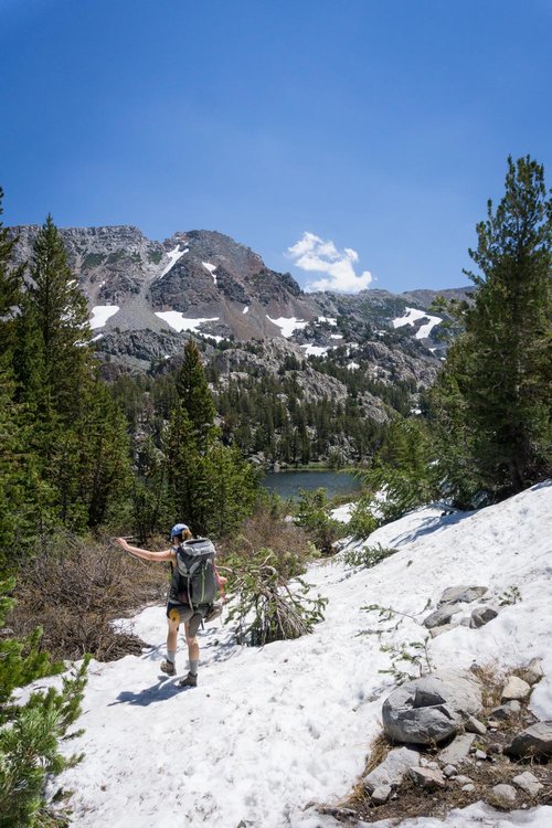 Trail starts to become covered by snow from Skelton Lake at 9921 ft