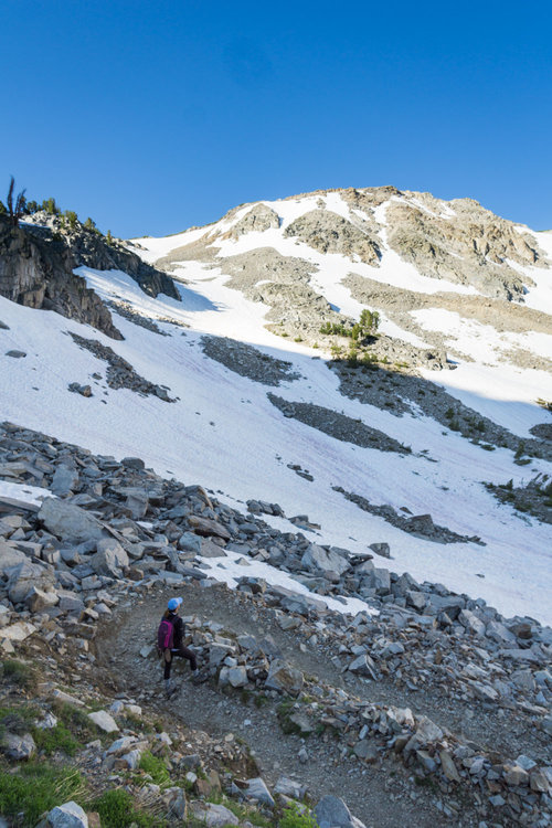 Climbing the switchbacks with Duck Pass visible in the background