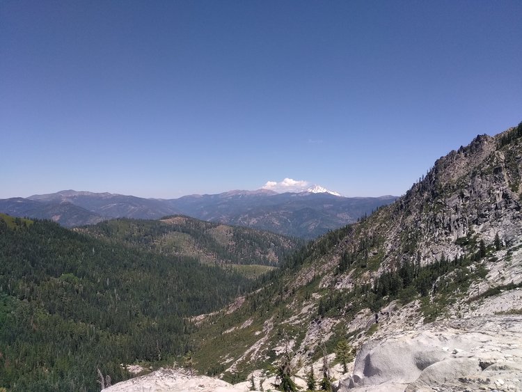 Mt Shasta from the ridge on the way back from Wee Bear Lake, Bear Creek is down in the canyon