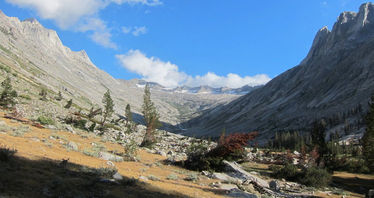 View from established campsites at Upper Deadman Canyon meadow below Eilzabeth Pass