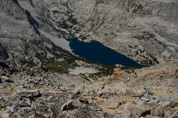Looking down the proper chute from Little Joe's Pass. Does Lake Reflection always look that small.... no, only if just spent half a day trudging up thousands of feet with 12 days of food does it.
