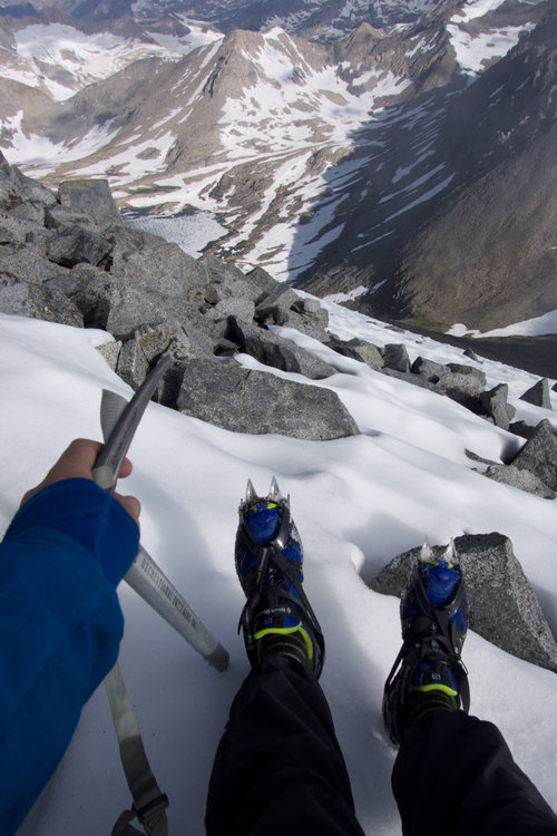 There was a little snow section near the top of Split Mountain. I could have climbed around on rocks, but because I carried my ice axe and crampons all the way up here, I figured I might as well use them.