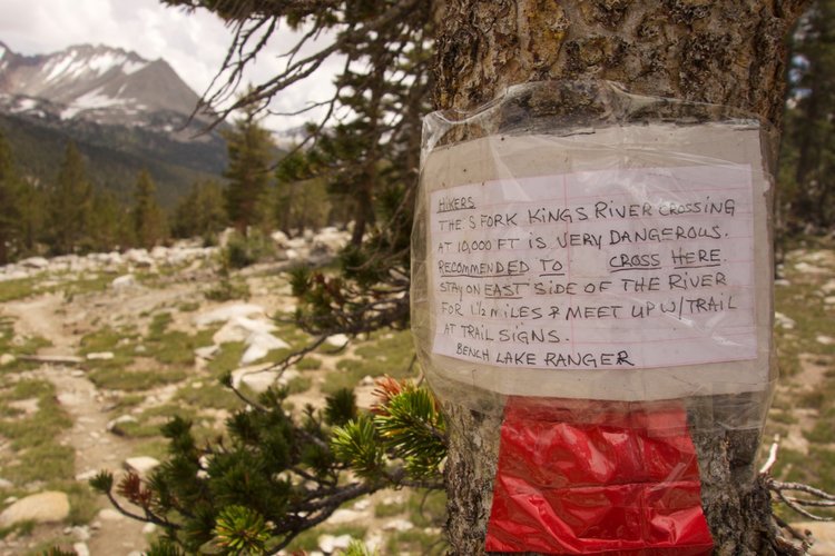 The Bench Lake ranger posted this sign along the PCT north of the South Fork ford.