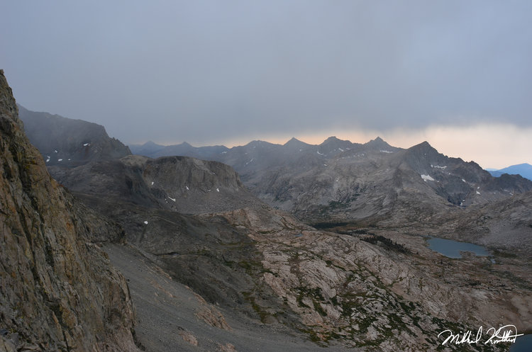 Literally snowing when I took this photo. Yeah it's August 22nd and it snows. That's how we do it in the Sierra. But that view though of the Great Western Divide was worth it.
