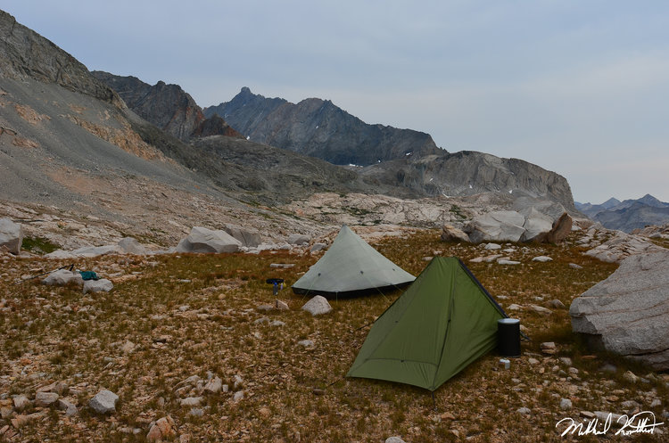 Our lovely freezing ass camp in 9 Lakes Basin. Definitely had to clear away a bunch of rock to make this work. But that view of snow on Black Kaweah is something I'll never forget.