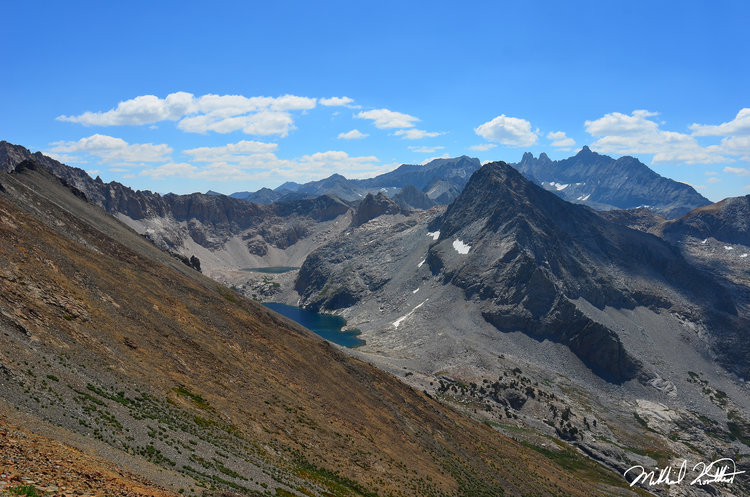 Looking back at Lion Lake and an upper lake below Lion Rock Pass. Black Kaweah just dominates over everything.