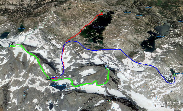 Day 1 - Hike to 1000 island Lake<br />Day 2 - 1000 island Lake to Lake Catherine (Explore day)<br />Day 3 - Hike up Banner Peak and Mount Davis (explore day)<br />Day 4 - Lake catherine to the Nyder Lakes<br />Day 5 - Hike Out