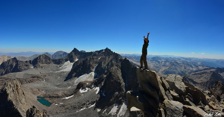 One of my favorite summit blocks and shots! WOOO! Look at that epic ridge-line leading to North Palisade and the glacier down below.