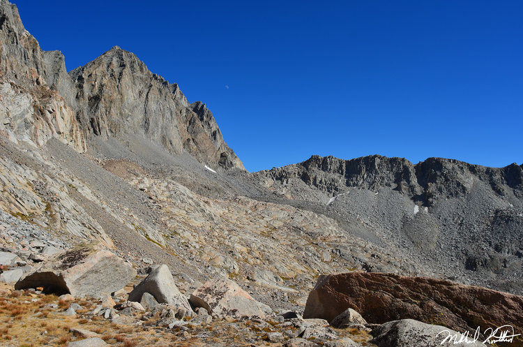 Thunderbolt Pass in the center. Lots of talus and boulders but overall a more exciting way than Knapsack Pass. Truly standing below the giants of the Sierra.