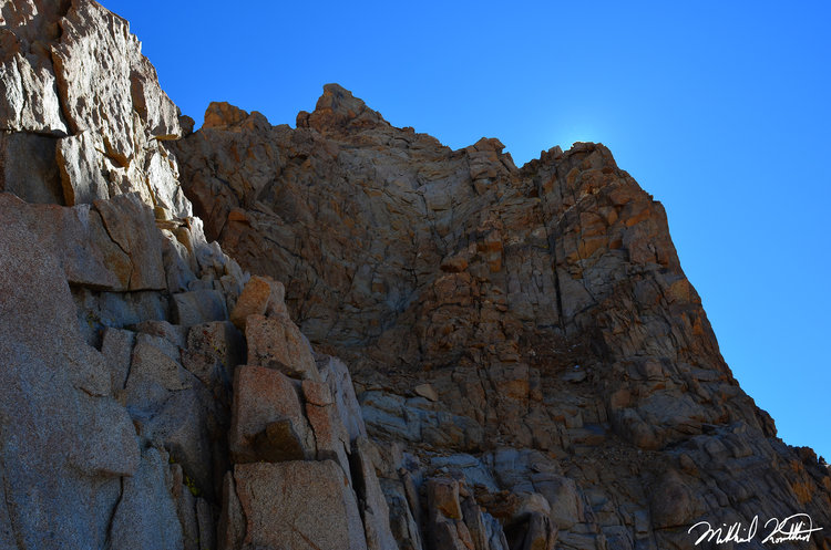 Looking up the final Class 3/4 wall to the summit. It was spicy fun climbing.